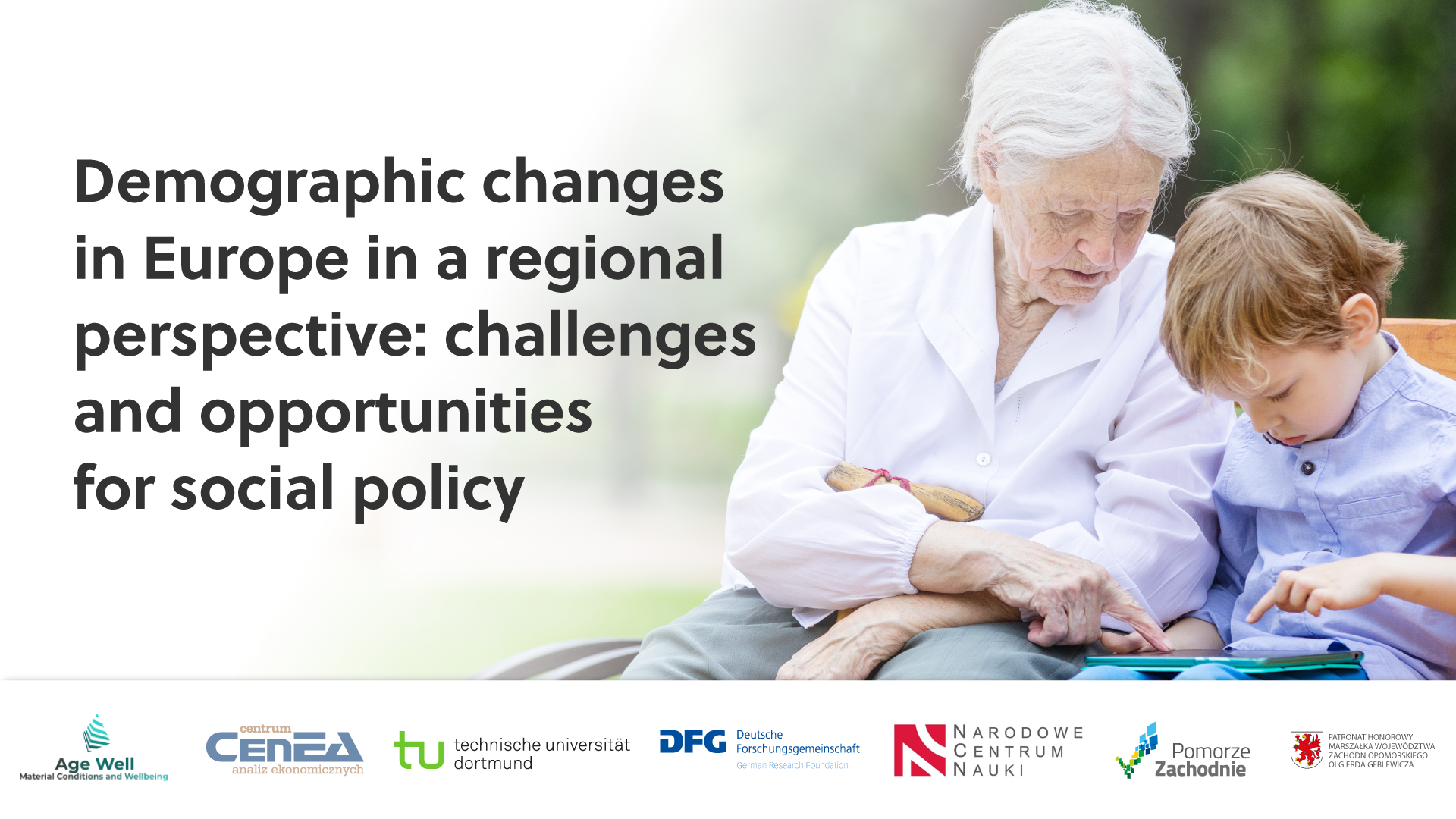 Plakat informujący o nazwie konferencji w tle starsza osoba z czteroletnim chłopcem obsługuje tablet