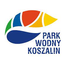 Liść podzielony na 6 kolorowych kawałków z napisem Park Wodny Koszalin