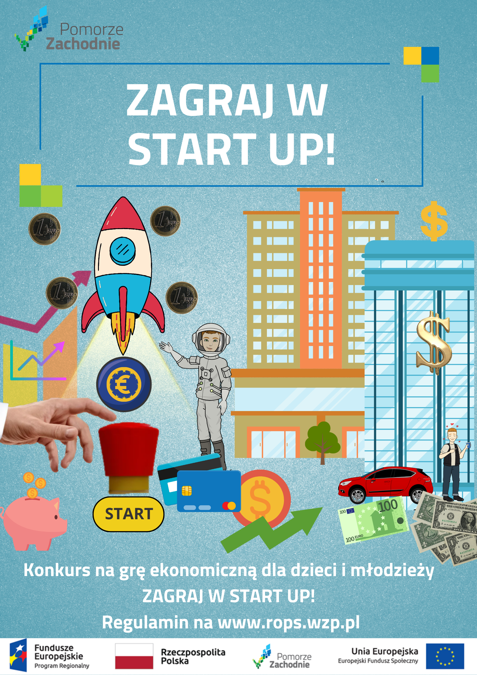 kolorowy finansowy zawrót głowy: świnka skarbonka, rakieta, kosmonauta, penthouses, bank, kardy kredytowe, pieniądze, czerwone auto, czerwony przycisk z napisem start