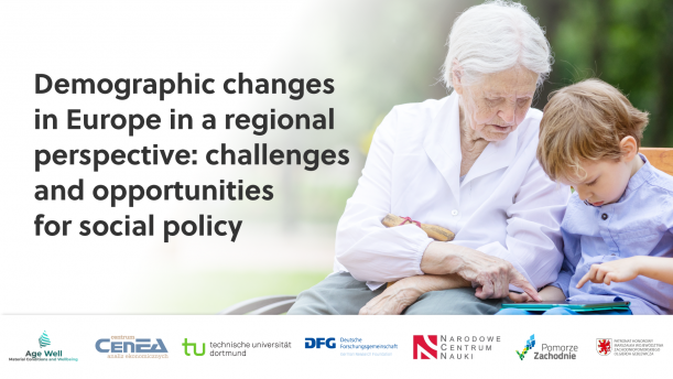 Plakat informujący o nazwie konferencji w tle starsza osoba z czteroletnim chłopcem obsługuje tablet