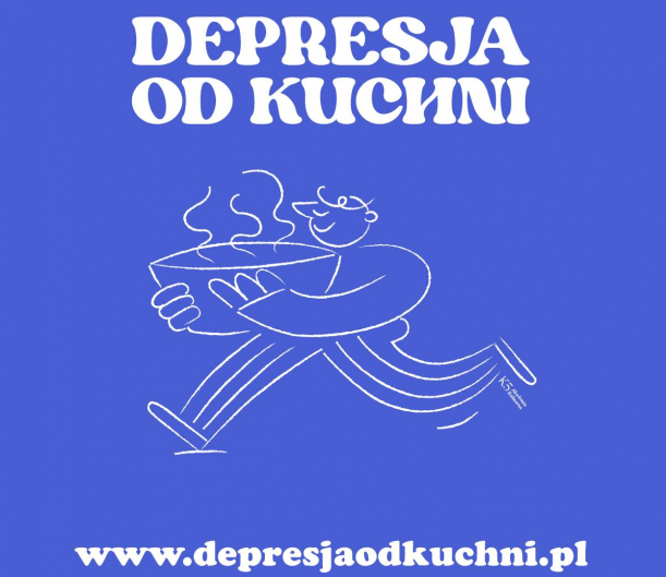 białą graficzna postać pędząca z gorącym daniem na niebieskim tle