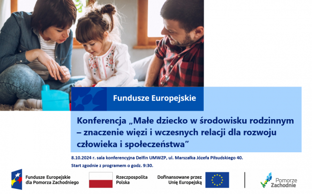 rodzice bawiąc się z dzieckiem na dywanie i informacja o nazwie, terminie i miejscu konferencji