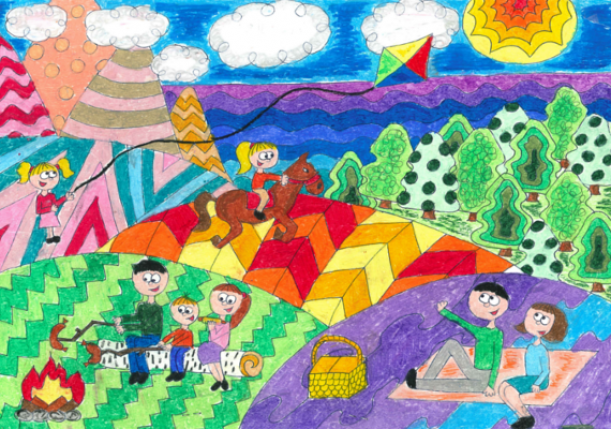 rysunek dziecięcy malowany kretkami woskowymi, o żywych zielono czerwono pomarańczowych kolorach, rodzina na łonie natury.