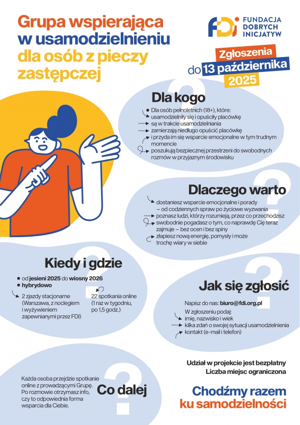 W zgłoszeniu podaj imię, nazwisko, wiek, kontakt do Ciebie i kilka zdań o swojej sytuacji. Wyślij mailem do biuro@fdi.org.pl do 13.10.2025