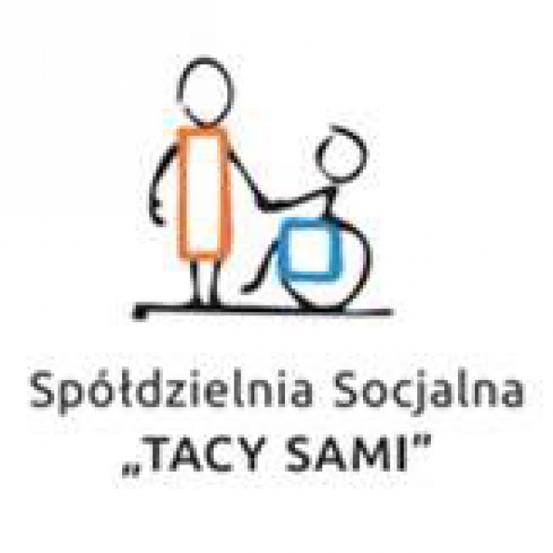 wpisane w ludzkie postacie stojący prostokąt trzyma za rękę kwadrat siedzący na wózku inwalidzkim