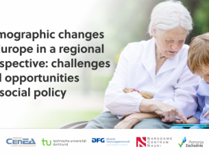 Plakat informujący o nazwie konferencji w tle starsza osoba z czteroletnim chłopcem obsługuje tablet