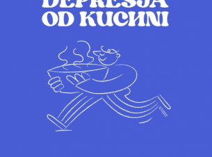 białą graficzna postać pędząca z gorącym daniem na niebieskim tle