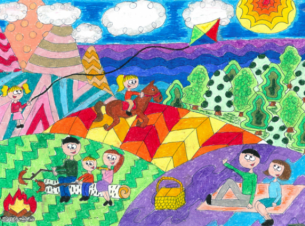 rysunek dziecięcy malowany kretkami woskowymi, o żywych zielono czerwono pomarańczowych kolorach, rodzina na łonie natury.