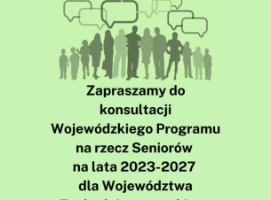 Informacja o konsultacjach społecznych - czarny napis na zielonym tle i graficzne ludziki z chmurkami nad głową