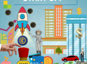 kolorowy finansowy zawrót głowy: świnka skarbonka, rakieta, kosmonauta, penthouses, bank, kardy kredytowe, pieniądze, czerwone auto, czerwony przycisk z napisem start