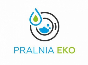 okienko pralki z kroplą w kolorach niebiesko zielonych i nazwa w kolorach niebieskim Pralnia oraz zielonym Eko