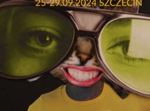 wyklejanka - kot w żółtej koszulce z przyklejonymi dużymi okularami z ludzkimi oczami oraz usta z odsłoniętymi w uśmiechu zębami