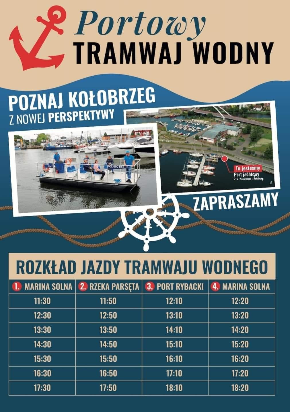 tramwaj wodny transportujący ludzi, lokalizacja portu, rozkład jazdy